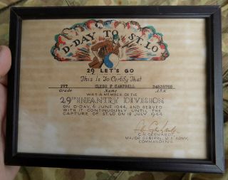 RARE WWII 29th DIVISION D - DAY TO ST LO CERTIFICATE SIGNED BY GENERAL 2