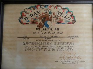 RARE WWII 29th DIVISION D - DAY TO ST LO CERTIFICATE SIGNED BY GENERAL 3