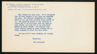 Beatles ULTRA RARE U.  S.  1965 FAN RESPONSE CARD TO BEATLES CARTOON SHOW 2