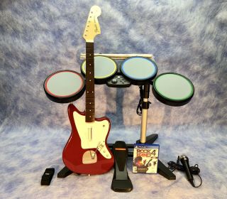 Ps4 Rock Band 4 Rivals Candy Cola Red Jaguar Guitar Wired Drums Game Microphone
