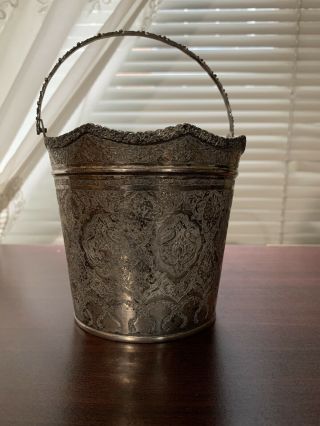Antique Persian Silver Esfahan Ice Bucket With Handle Rare