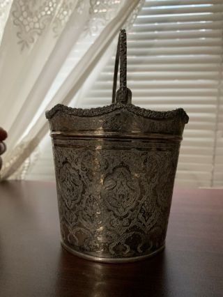 Antique Persian Silver Esfahan Ice Bucket With Handle Rare 2