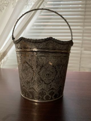 Antique Persian Silver Esfahan Ice Bucket With Handle Rare 3