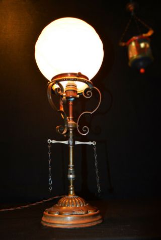 Rare 19 C Victorian Arts & Crafts bronze Gas table lamp art deco shade 3