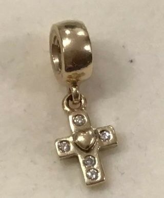 Authentic Pandora 14k Gold 585 Ale Cross Dangle Diamond Charm Bead 750356d Rare