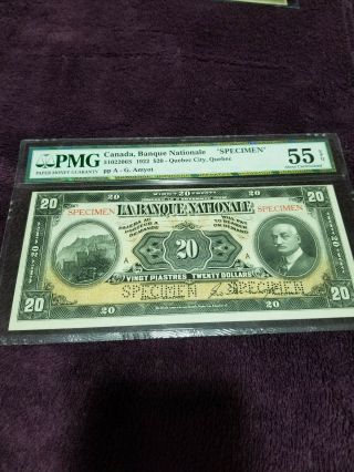 Rare 1922 La Banque Nationale $20 Specimen Note Au55
