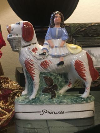 Antique Rare English Staffordshire Princess And Fox Hunt Hound Dog Figurines