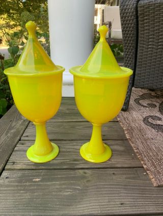 Pair Empoli 15.  5 " Yellow Circus Top Decanters Apothecary Jars.  Extremely Rare.