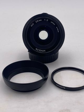 Rare Minolta Md 28mm F/2 Mf Wide Angle Lens W/ Filter & Hood
