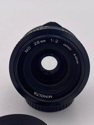Rare Minolta MD 28mm F/2 MF Wide Angle Lens w/ Filter & Hood 2