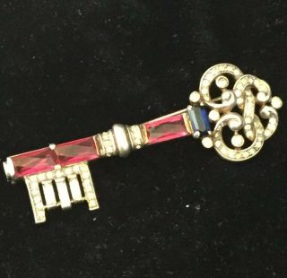 Rare Crown Trifari Key Pin By Alfred Philippe 1940s Red N Crystal Rhinestones Vv