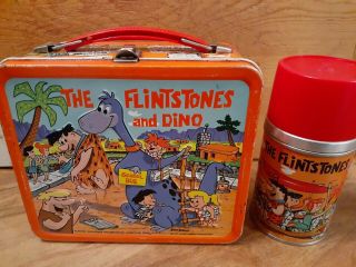 1962 Flintstones Metal Lunch Box W/ Intact Aladdin Thermos Vintage Rare