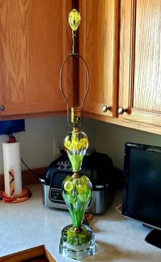 Rare St Clair Yellow & Green Trumpet Flower Paperweight Lamp Exquisite