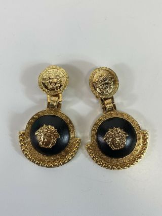 Rare Vtg Gianni Versace Gold Black Leather Medusa Clip Earrings