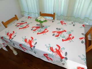BIG RARE Bright Red LOBSTERS Vintage Wilendure Tablecloth Clams Prawns Crayfish 3