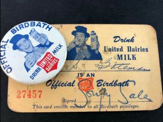 Ultra Rare 1950’s Soupy Sales United Dairies Official Birdbath Signed Card & Pin