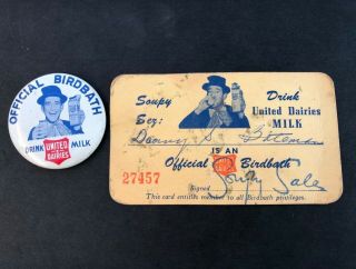 ULTRA RARE 1950’s SOUPY SALES UNITED DAIRIES OFFICIAL BIRDBATH SIGNED CARD & PIN 3