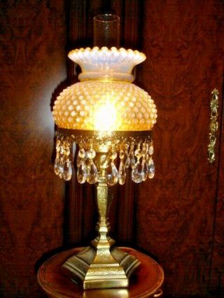 Fenton Rare Student Lamp With Topaz Opalescent Hobnail Lamp Shade