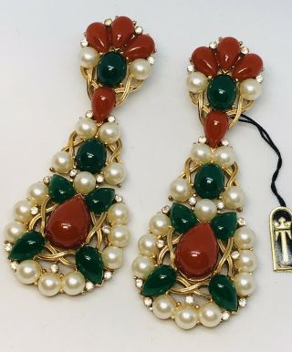 Huge Rare Vintage Trifari Jewels Of India Kashmir Moghul Hinged Drop Earrings 3”
