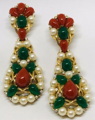 HUGE Rare Vintage Trifari Jewels of India Kashmir Moghul Hinged Drop Earrings 3” 2
