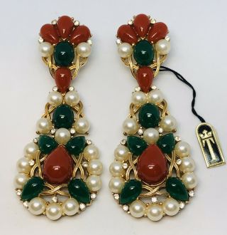 HUGE Rare Vintage Trifari Jewels of India Kashmir Moghul Hinged Drop Earrings 3” 3