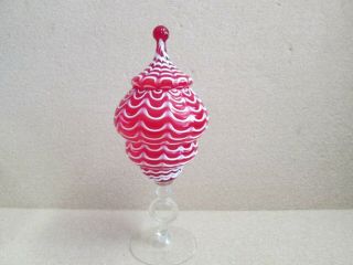 Empoli Italian Art Glass 15.  5 " Tall Red White Icing Striped Covered Compote Rare