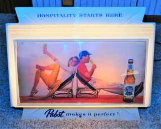 Rare 1957 Pabst Beer Hospitality Starts Here Man & Women Back To Back Sign Wow