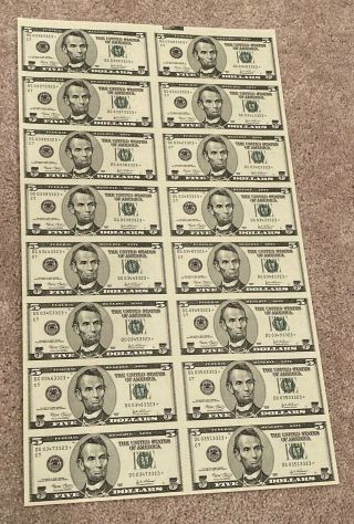 Rare 2003 $5 Uncut Star Sheet Of 16,  Chicago Dg Block Only 320,  000 Notes Made
