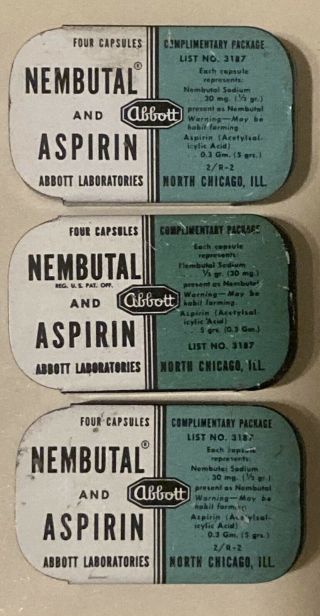 3 Vintage Abbott Nembutal Aspirin Physician Sample Tins Rare