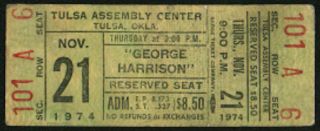 George Harrison - The Beatles - 1974 Rare Concert Ticket (tulsa,  Oklahoma)