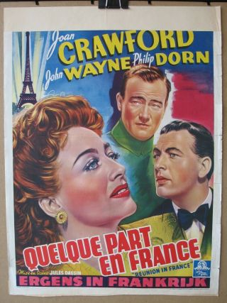 Reunion In France (1942) Belgian Poster,  Joan Crawford,  John Wayne Rare
