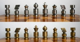 Vintage Mcm Abstract Brass & Steel Chess Set Made In Italy.  Rare & Stunning