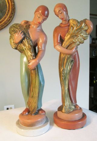 Rare Vintage Art Deco Chalkware Woman & Man Statues