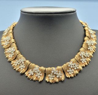 Vintage Rare Hattie Carnegie Goldtone Collar Necklace With Silvertone Flowers