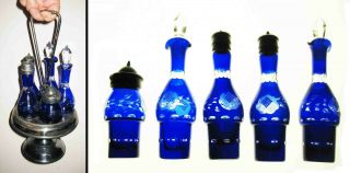 Rare Colbalt Blue Etched Cruet Castor Set W/ 5 Bottles Mfg By Reed,  Barton 3710