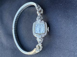14k White Gold Rare Vintage Lady Hamilton Diamonds Ladies Mechanical Watch 17j