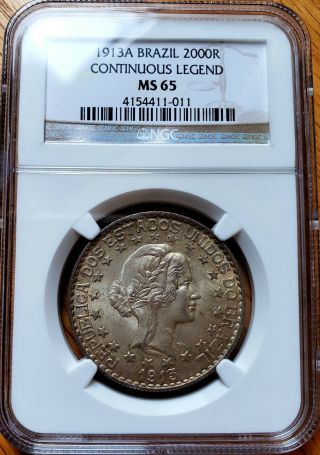 1913a Brazil 2000 Reis Ngc Ms 65 Continuous Legend - Rare This Toned Silver