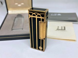 Rare Auth Dunhill Art Deco Design Black Lacquer K18 Gold Plated Lighter W Case