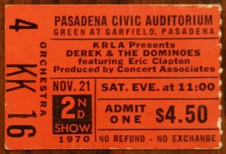 Derek And The Dominos - Eric Clapton - 1970 Rare Concert Ticket Stub (pasadena)