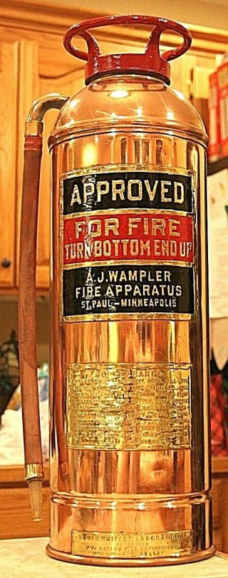 Rare Antique Vintage " Approved " Copper Brass Fire Extinguisher - Polished Restored