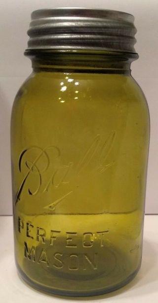Very Rare " Ball " Yellow Amber Olive Green " Perfect Mason " 1915 - 1923 Quart Jar