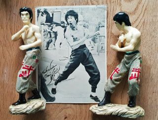 Vintage Bruce Lee Ceramic Statues Kung Fu Card Signed 1976 Pair Rare