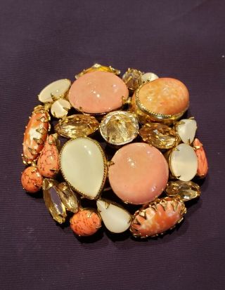 Rare Vintage 2 - 1/2 " Signed Schreiner York Pendant/brooch Glass Pink Coral
