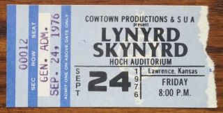 Lynyrd Skynyrd - 1976 Rare Concert Ticket Stub (lawrence,  Ks - Hoch Auditorium)