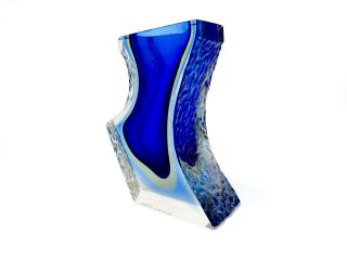 Signed RARE Giant Murano Sommerso Submerged Art Glass Space Age Block Vase Blue 2