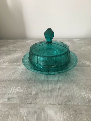 Jeanette Glass Doric And Pansy Ultramarine Teal Butter Dish - Rare