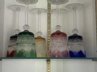 6 Rare Vintage Multi Colored Cut To Clear Crystal Wine Glasses