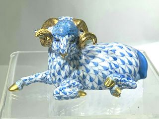 Rare Herend Lying Ram Figurine Blue Fishnet Hand Made & Painted 24k Gold Accents