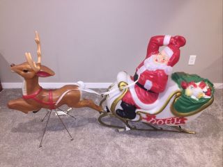 General Foam Christmas Santa Claus Sleigh Reindeer Blow Mold Lighted Rare