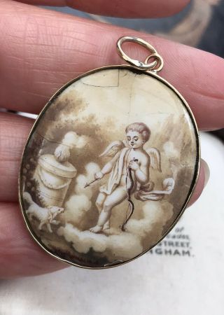 Rare Antique Georgian 9ct Gold Enamel On Copper Cupid,  Dog Sweetheart Pendant